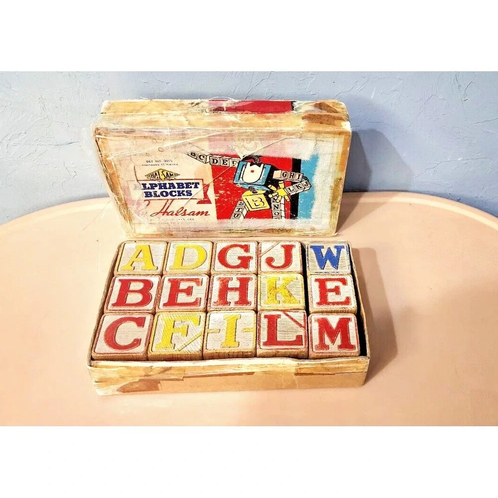 1950'S VINTAGE HALSAM ALPHABET BLOCKS IN‎ original BOX Set Of 15 Blocks #3015